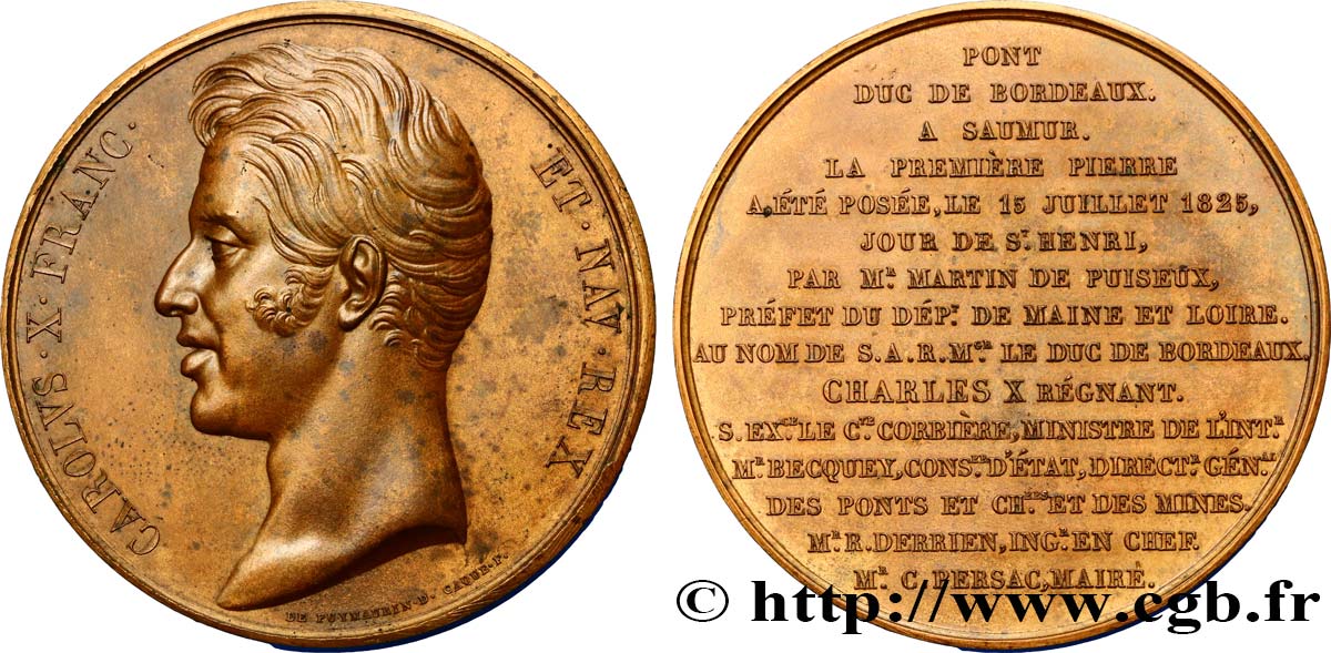 CHARLES X Médaille pour la première pierre du pont du duc de Bordeaux à Saumur TTB+