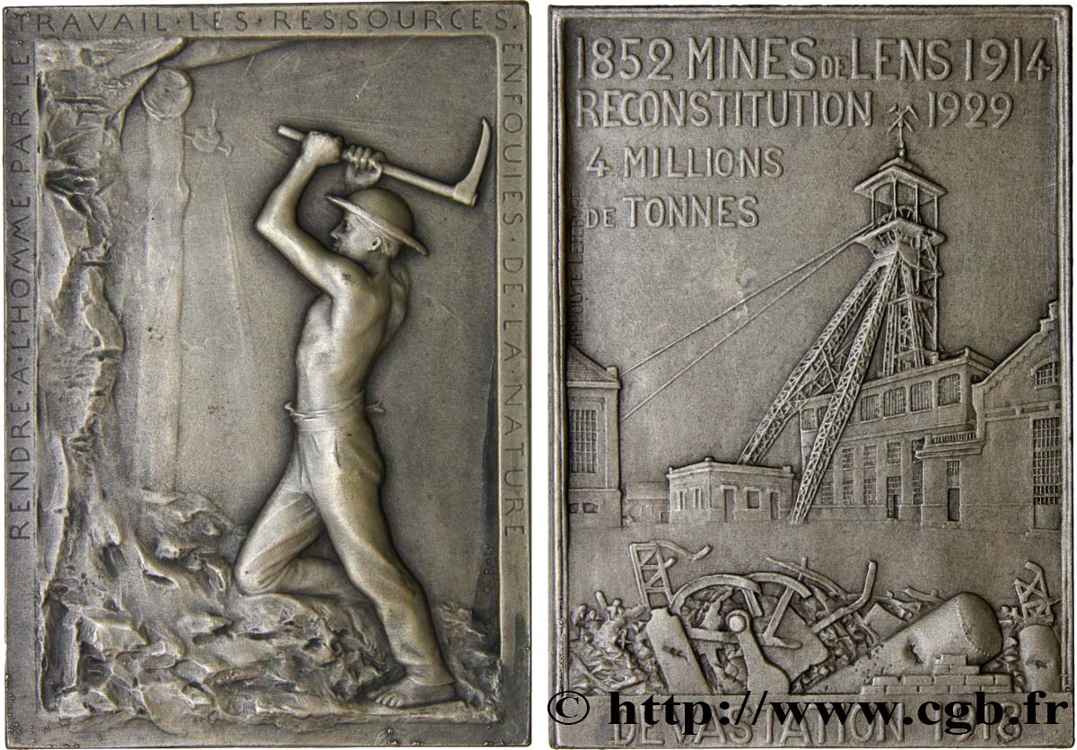 TROISIÈME RÉPUBLIQUE Plaquette en bronze argenté, reconstitution des Mines de Lens SUP