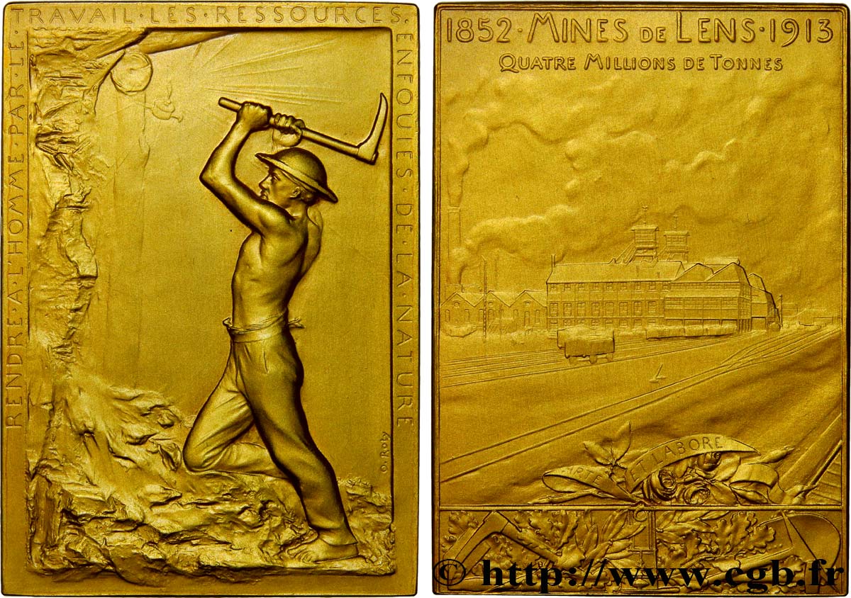 TROISIÈME RÉPUBLIQUE Plaquette en or, Mines de Lens - production 1913 SUP