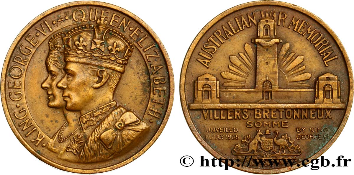 GRANDE-BRETAGNE - GEORGES VI Médaille, Mémorial australien de Villers-Bretonneux TTB