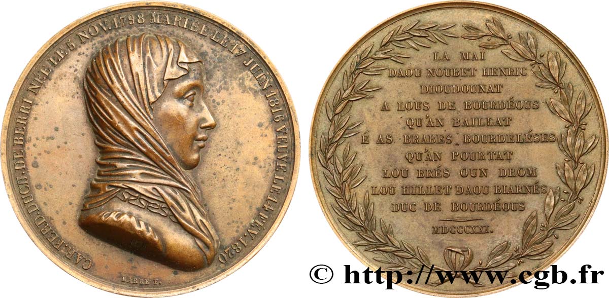 LUDWIG XVIII Médaille, Marie Caroline Ferdinande duchesse de Berry, revers en occitan VZ