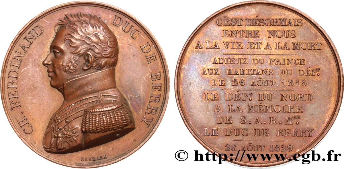 LOUIS XVIII Médaille, Hommage du département du Nord au Duc de Berry AU