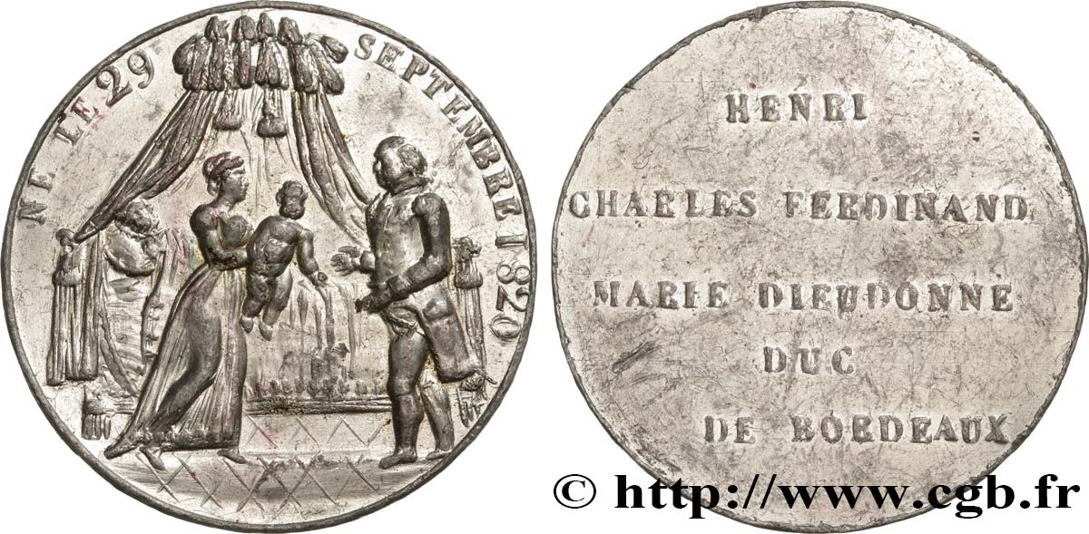 LOUIS XVIII Médaille, Naissance de Henri, duc de Bordeaux, Comte de Chambord AU/XF