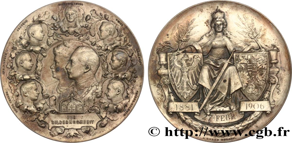 ALLEMAGNE - ROYAUME DE PRUSSE - GUILLAUME II Médaille, Noces d’argent de Guillaume II d’Allemagne avec la Princesse Augusta-Victoria  de Schlewig-Holstein-Sonderburg-Augustenbourg TTB