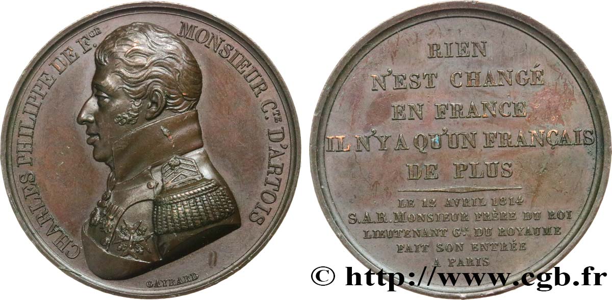 LOUIS XVIII Médaille, Entrée du Comte d’Artois à Paris TTB+