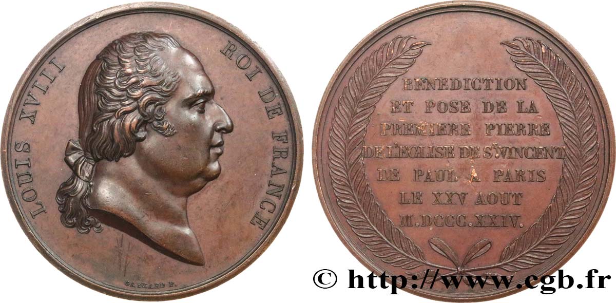 LOUIS XVIII Médaille, Pose de la première pierre de l’église Saint Vincent de Paul AU