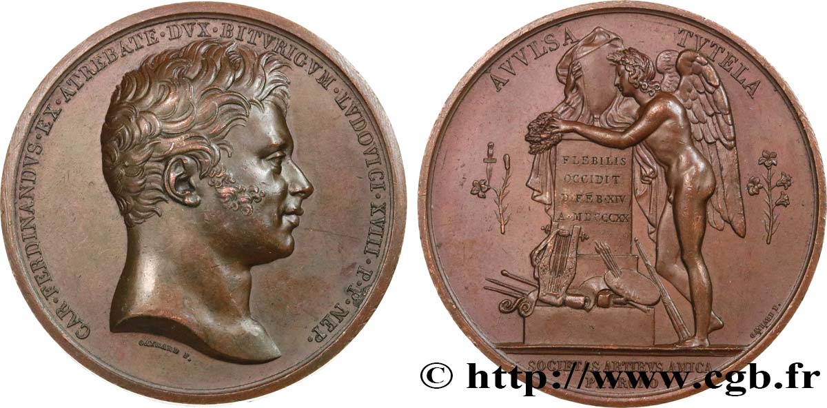 LOUIS XVIII Médaille, Société des arts, Mort du Duc de Berry AU/AU