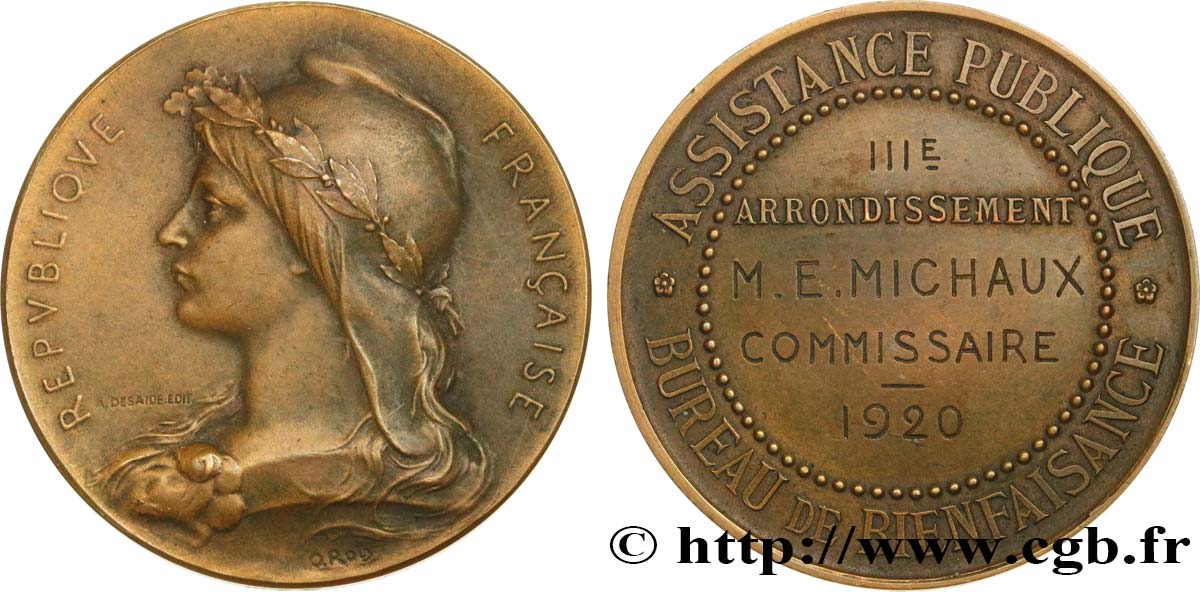 III REPUBLIC Médaille de récompense, bureau de bienfaisance XF
