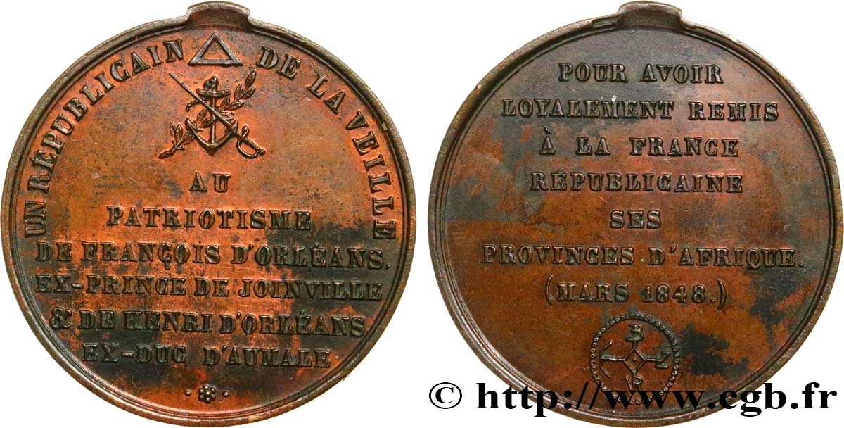 DEUXIÈME RÉPUBLIQUE Médaille, Loyalisme des princes d’Orléans, Remise de l’Algérie SS