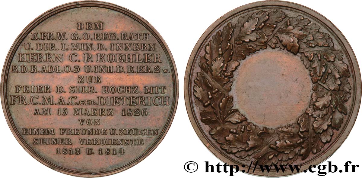 ALLEMAGNE - ROYAUME DE PRUSSE - FRÉDÉRIC-GUILLAUME III Médaille, Noces d’argent C.P.Koehler et de son épouse AU