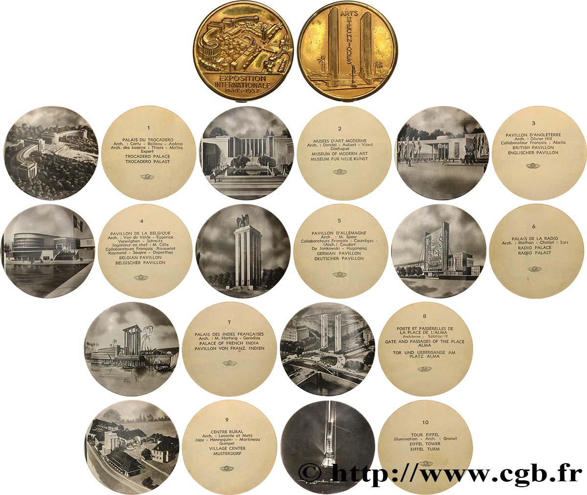 EXPOSITION UNIVERSELLE DE 1937 Médaille boîte et ses 10 clichés, Exposition Internationale  Arts et Techniques  MBC+