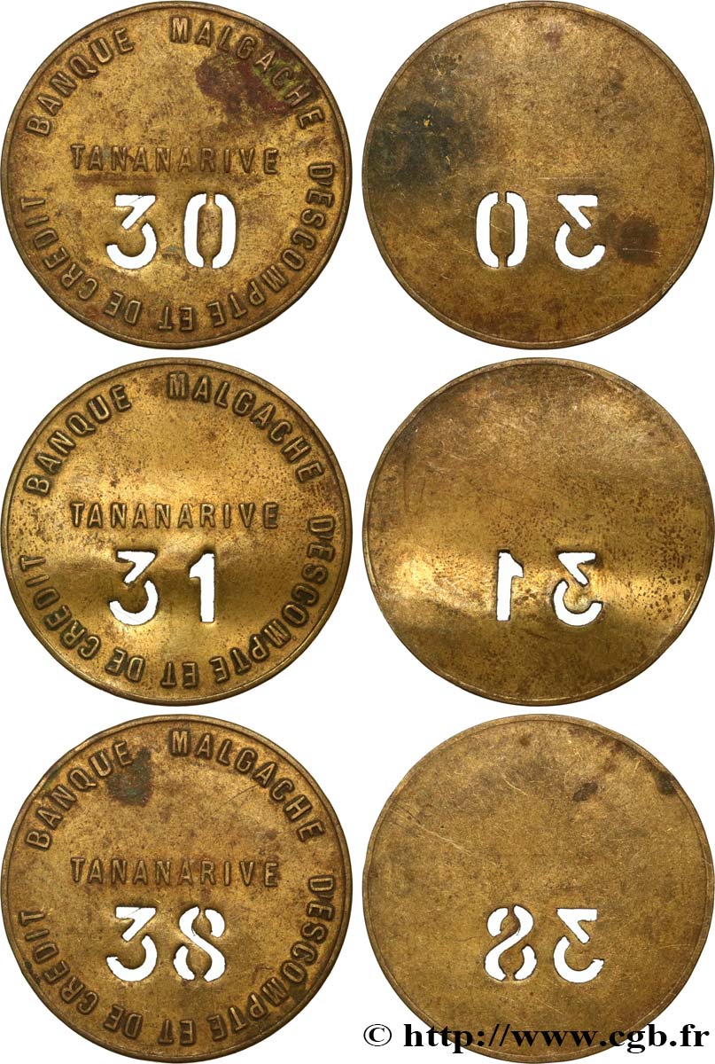MADAGASKAR Plaques de commissionnaire uniface n°30, n°31 et n°38, lot de 3 ex. SS