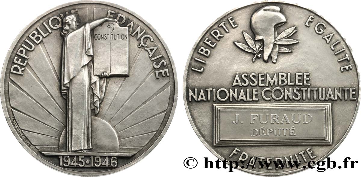PROVISORY GOVERNEMENT OF THE FRENCH REPUBLIC Médaille parlementaire, Ire Assemblée nationale constituante, Jacques Furaud EBC