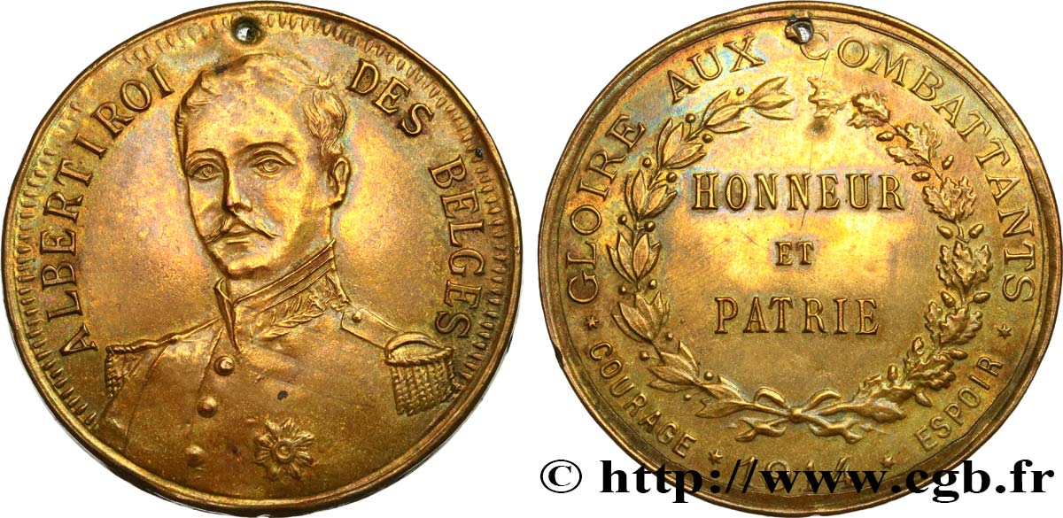 BELGIQUE - ROYAUME DE BELGIQUE - ALBERT Ier Médaille, Honneur et Patrie, Gloire aux combattants TTB