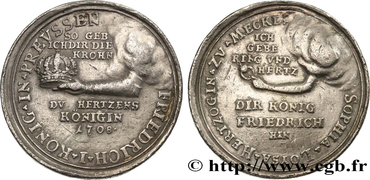 ALLEMAGNE - PRUSSE Médaille, Mariage de Frédéric Ier de Prusse et Sophie de Mecklembourg Schwerin TTB