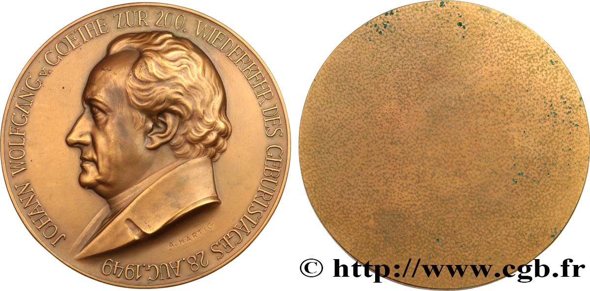 LITERATURE : WRITERS - POETS Médaille, Johann Wolfgang von Goethe, 200e anniversaire de naissance AU