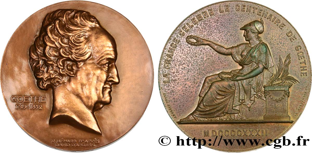LITERATURE : WRITERS - POETS Médaille, Johann Wolfgang von Goethe, 100e anniversaire de sa mort q.SPL/BB