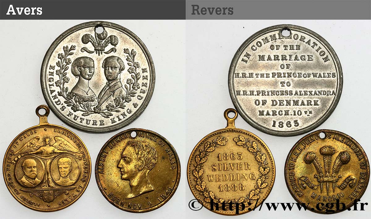 REGNO UNITO Lot de 3 médailles, Mariage du Prince de Galles, Albert-Edouard, et Alexandra du Danemark, et son jubilé d’argent BB