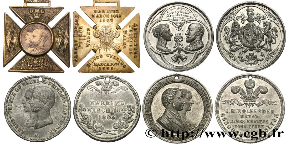 REGNO UNITO Lot de 4 médailles, Mariage du Prince de Galles, Albert-Edouard, et Alexandra du Danemark, et son jubilé d’argent BB