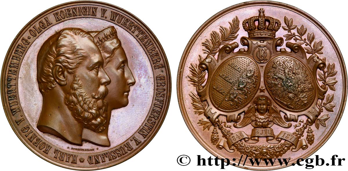 ALLEMAGNE - ROYAUME DE WURTEMBERG - CHARLES Ier Médaille, Noces d’argent d’Olga Nikolajewna et Charles de Würtemberg TTB+