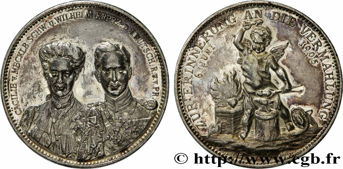 ALLEMAGNE - KÖNIGREICH PREUẞEN - WILHELM II. Médaille, Mariage du Prince héritier Guillaume de Prusse et Cécile de Mecklembourg-Schwerin SS