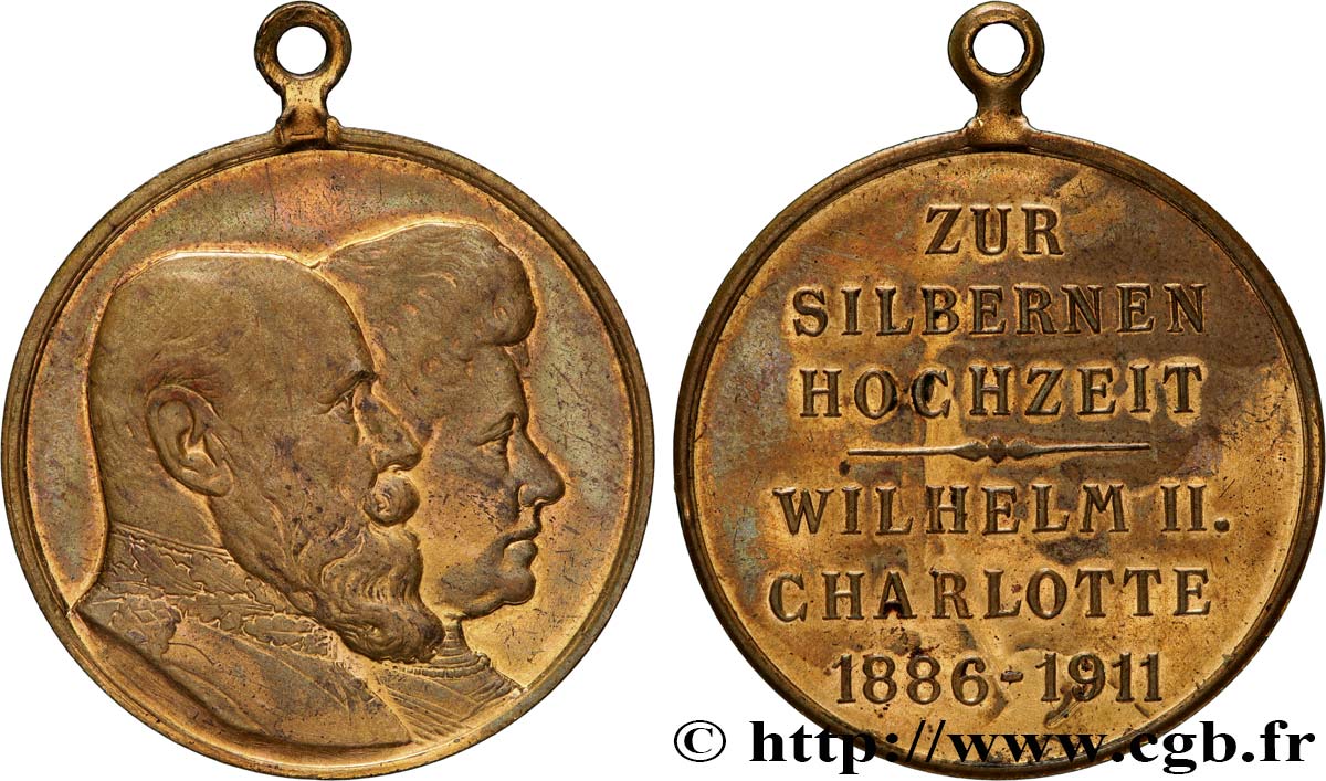 ALLEMAGNE - ROYAUME DE WURTTEMBERG - GUILLAUME II Médaille, Noces d’argent de Guillaume II de Wurtemberg et de Charlotte TTB