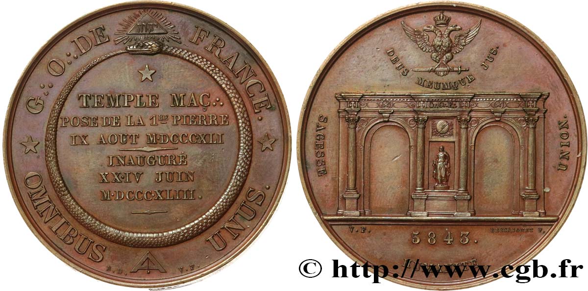 FREEMASONRY Médaille, Pose de la première pierre du temple maçonnique, Grand Orient de France AU
