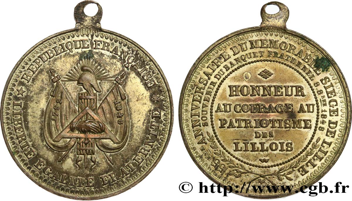 DEUXIÈME RÉPUBLIQUE Médaille, Souvenir du banquet fraternel, 55e anniversaire du siège de Lille AU