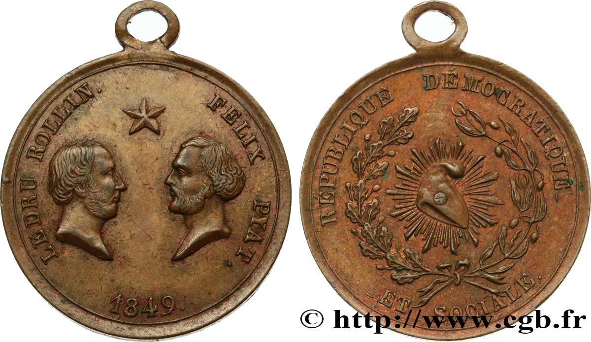 DEUXIÈME RÉPUBLIQUE Médaillette, République démocratique et sociale, Ledru Rollin et Félix Pyat XF/AU