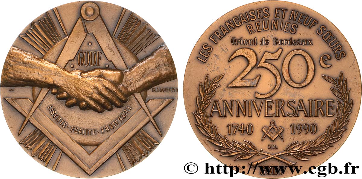 FREEMASONRY Médaille, 250e anniversaire de l’Orient de Bordeaux AU