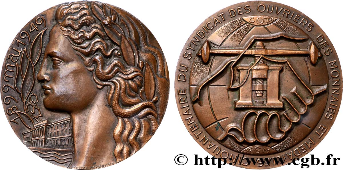 MONNAIE DE PARIS Médaille, Cinquantenaire du syndicat des ouvriers des monnaies et médailles MBC+