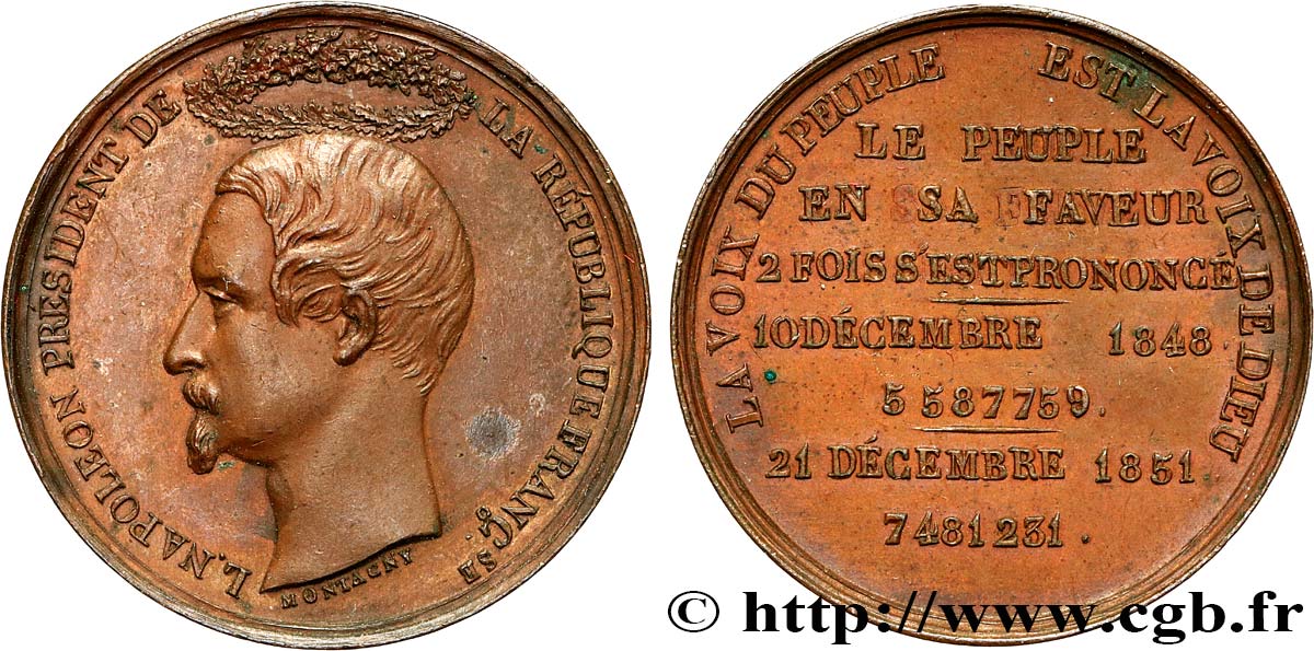 DEUXIÈME RÉPUBLIQUE Médaille, Élection du président Louis Napoléon Bonaparte AU