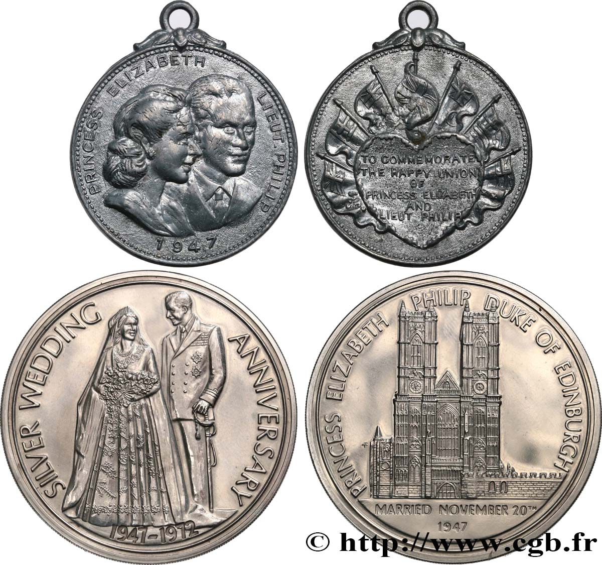 GRANDE-BRETAGNE - ÉLISABETH II Médailles, Mariage de la Reine Elisabeth, lot de 2 ex. TTB+