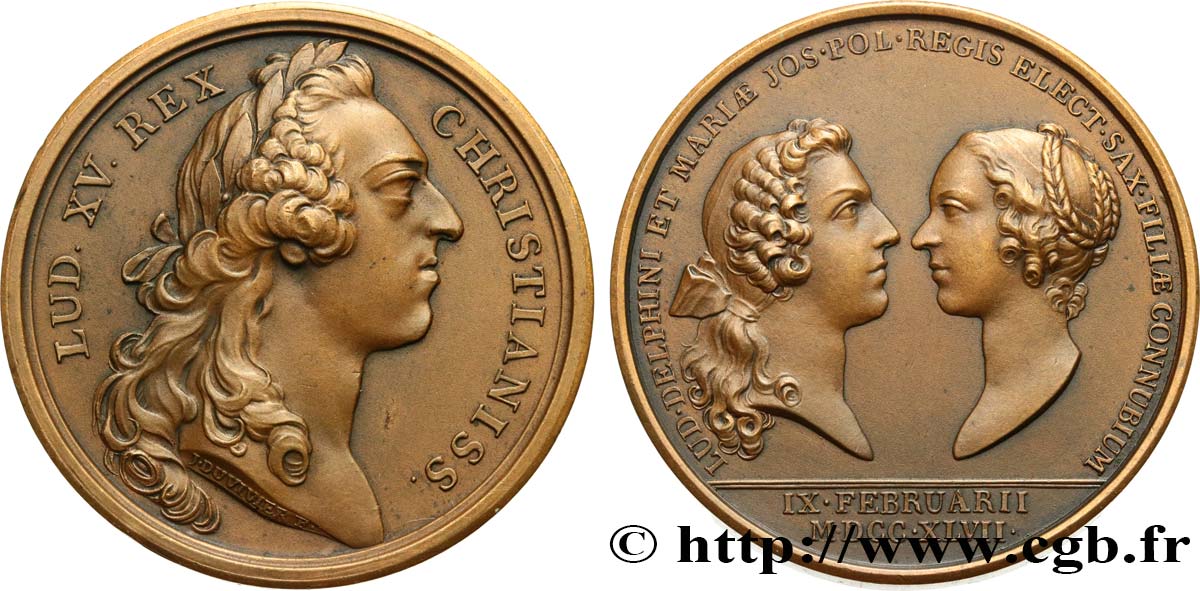 LOUIS XV THE BELOVED Médaille, Mariage du dauphin et de Marie Josèphe de Saxe, refrappe AU