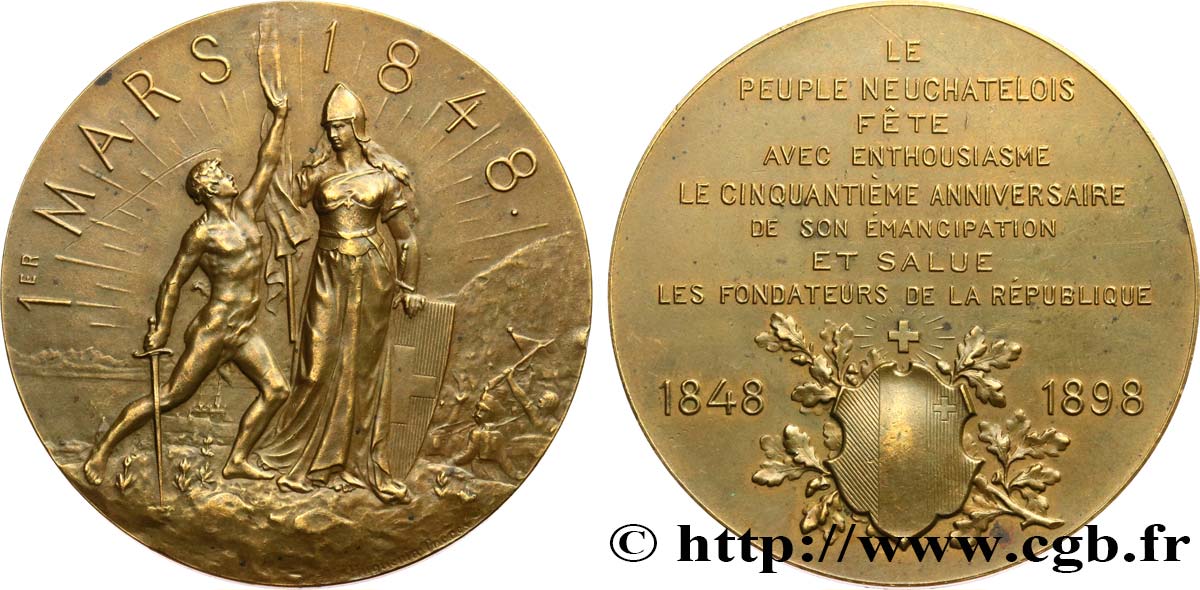 SCHWEIZ -  KANTON NEUCHATEL Médaille, 50e anniversaire d’émancipation du peuple neuchâtelois SS