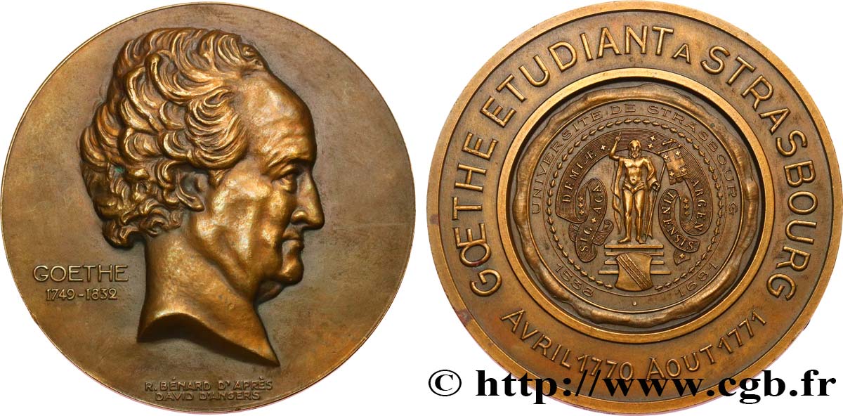 LITTÉRATURE : ÉCRIVAINS/ÉCRIVAINES - POÈTES Médaille, Johann Wolfgang von Goethe, Université de Strasbourg TTB+