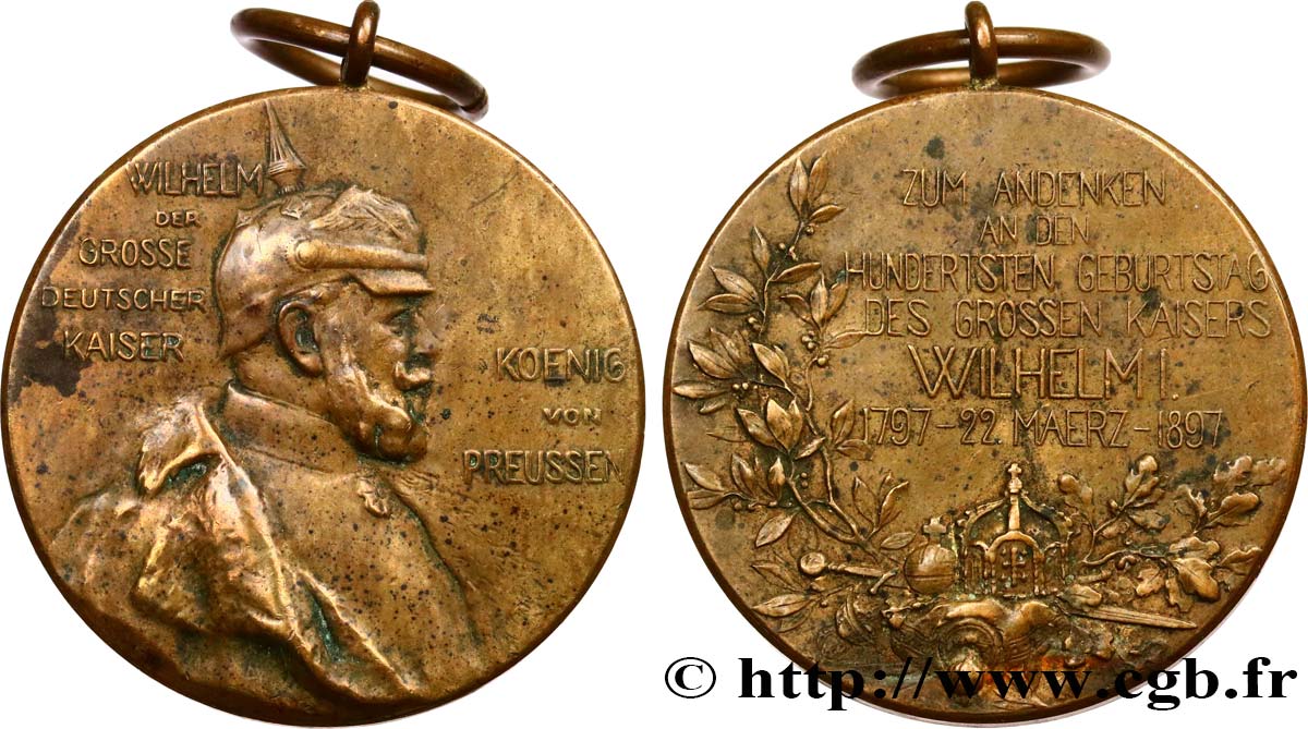 GERMANIA - REGNO DI PRUSSIA - GUGLIELMO II Médaille, 100e anniversaire du Kaiser Wilhelm I q.BB