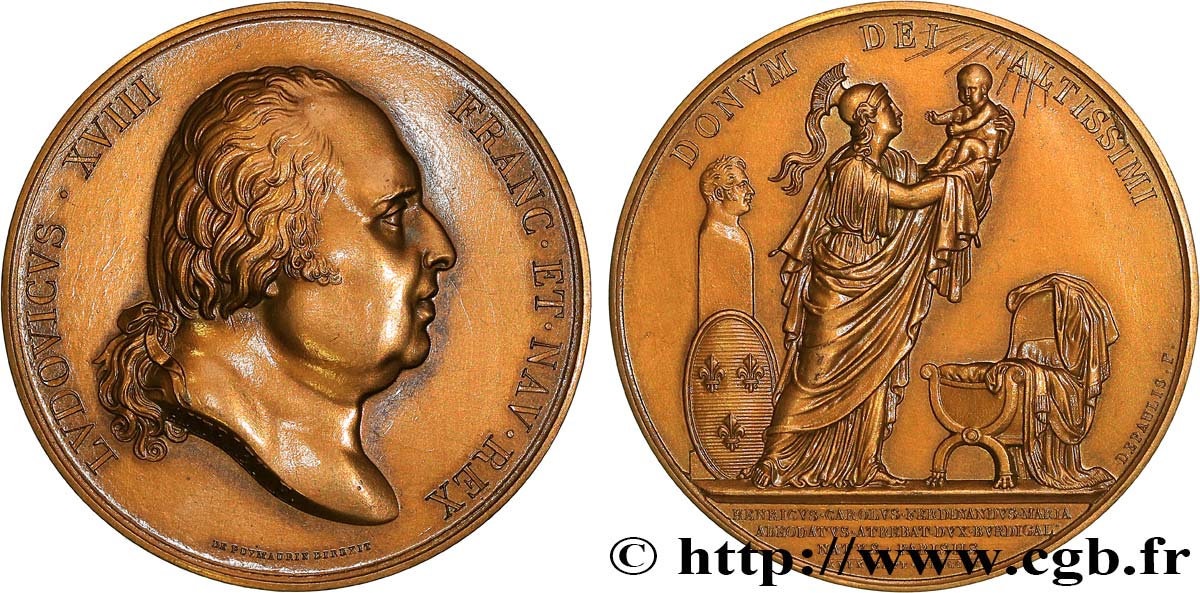 LOUIS XVIII Médaille, Naissance de Henri, duc de Bordeaux, Comte de Chambord, refrappe AU