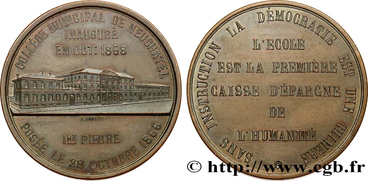SWITZERLAND - CANTON OF NEUCHATEL Médaille, Inauguration du Collège municipal de Neuchâtel AU