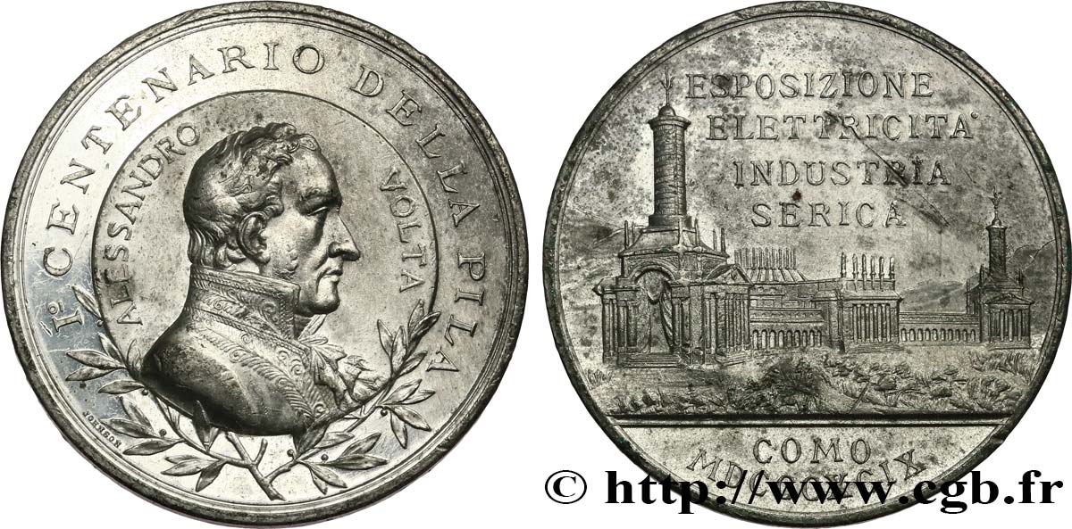 ITALIE - ROYAUME D ITALIE - HUMBERT Ier Médaille, Centenaire de la découverte de la batterie, Exposition de l’électricité, de l’industrie et de la soie SS