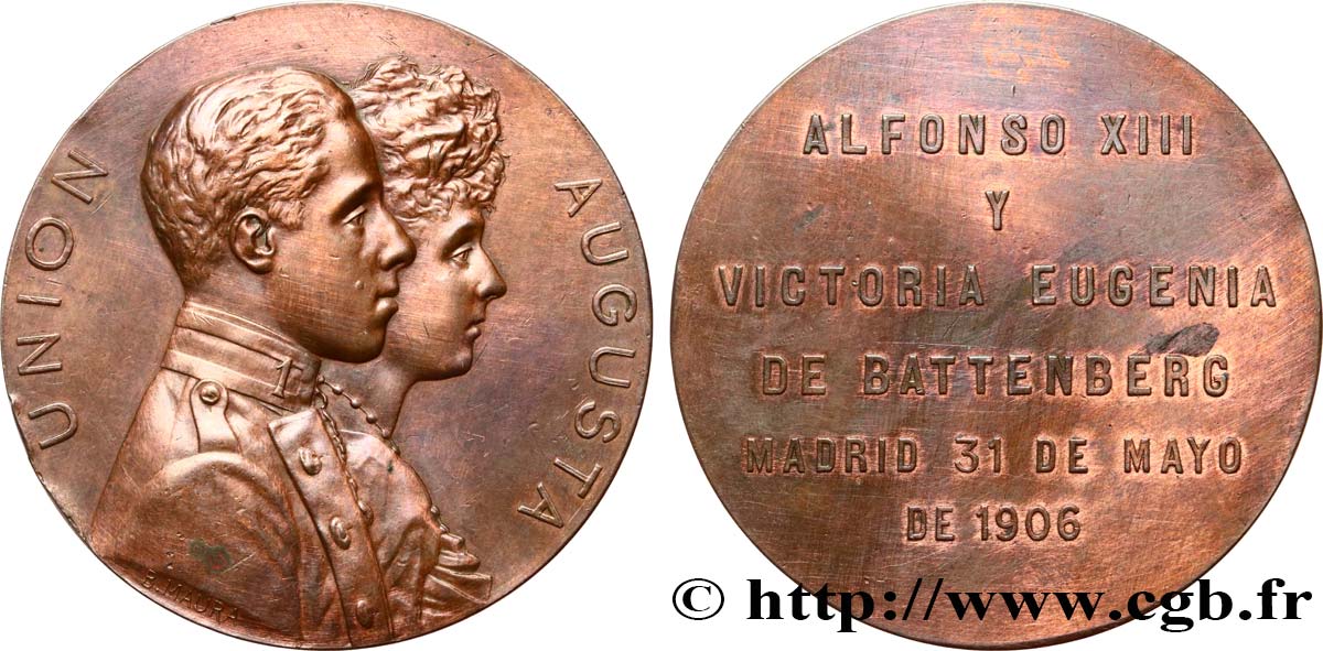 ESPAGNE - ROYAUME D ESPAGNE - ALPHONSE XIII Médaille, Mariage d’Alphonse XIII et de la princesse Victoria Eugénie von Battenberg TTB