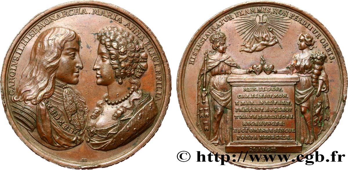 ESPAGNE - ROYAUME D ESPAGNE - CHARLES II Médaille, Mariage de la Comtesse Palatine Maria Anna de Neubourg et Charles II d’Espagne TTB+