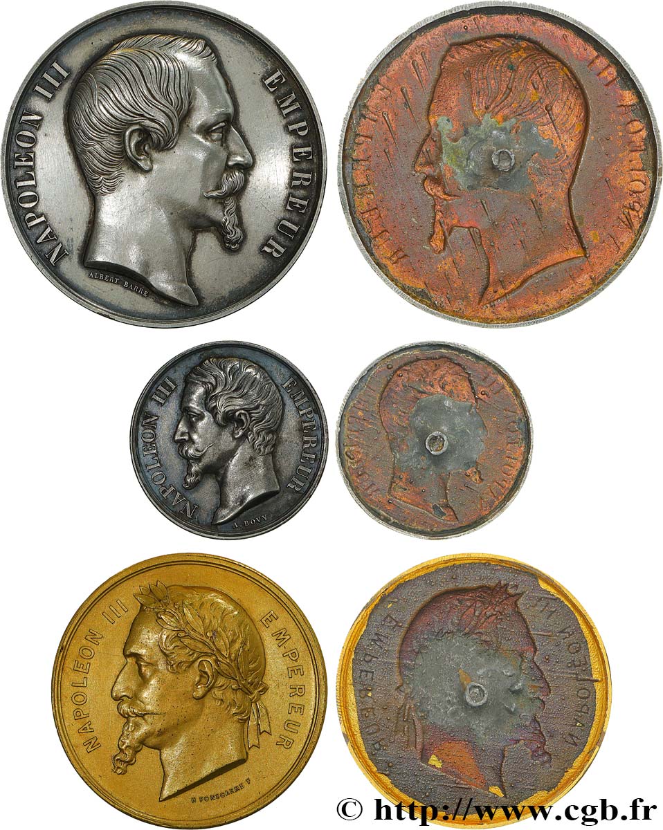 SECONDO IMPERO FRANCESE Lot de 3 médailles, Napoléon III, tirages unifaces q.SPL