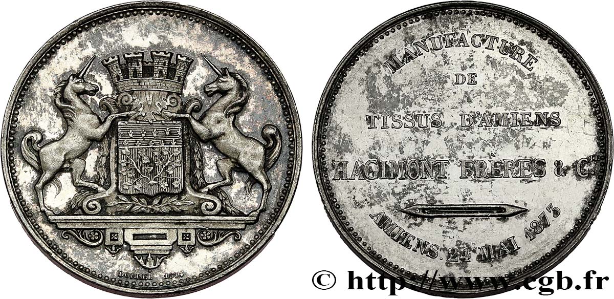 III REPUBLIC Médaille, Manufacture de tissus d’Amiens, Hagimont Frères & Cie AU