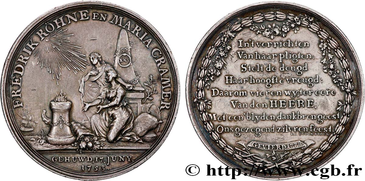 NIEDERLANDE Médaille, Noces d’argent de Frédrik Röhne et Maria Cramer fVZ