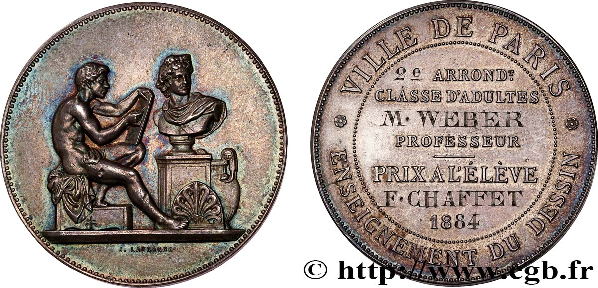 III REPUBLIC Médaille, Ville de Paris, Enseignement du dessin AU