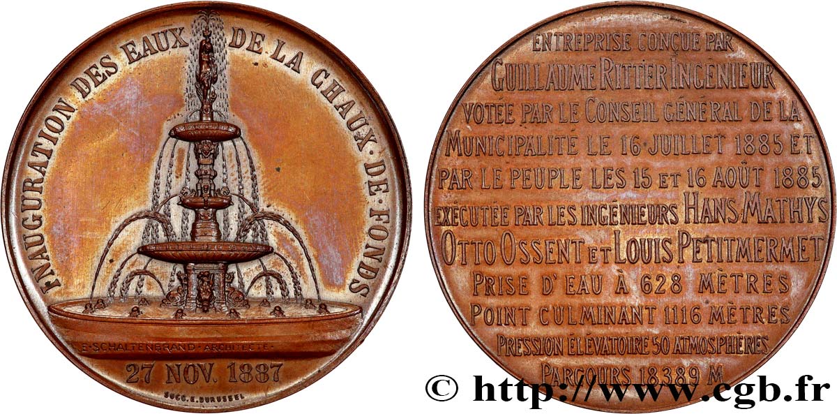 SCHWEIZ -  KANTON NEUCHATEL Médaille, Inauguration des eaux de la Chaux-de-Fonds VZ+