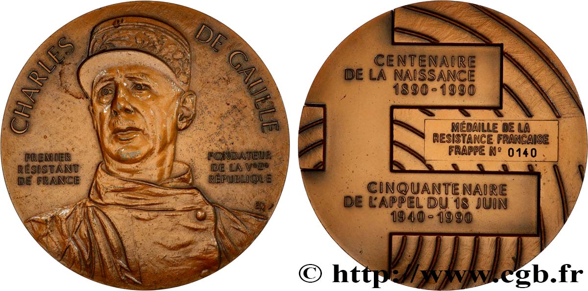 V REPUBLIC Médaille, Charles de Gaulle, Centenaire de sa naissance AU