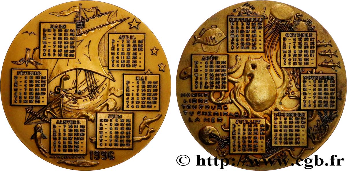 CINQUIÈME RÉPUBLIQUE Médaille calendrier, L’homme et la Mer TTB+