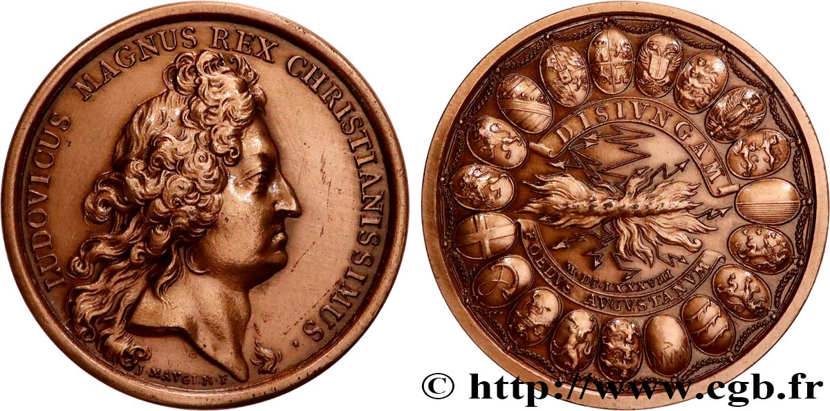 LOUIS XIV  THE SUN KING  Médaille, Ligue d Augsbourg, refrappe AU